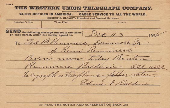 Telegram Announcing Birth of Benton Baldwin, December 11, 1908 (Source: Baldwin)